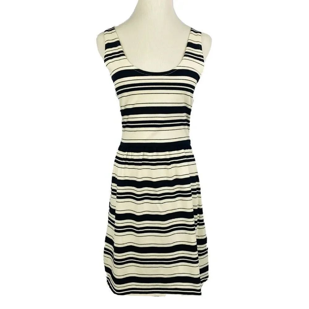 J.CREW Villa Cream & Black Striped “A” Line Skater Sleeveless Dress
